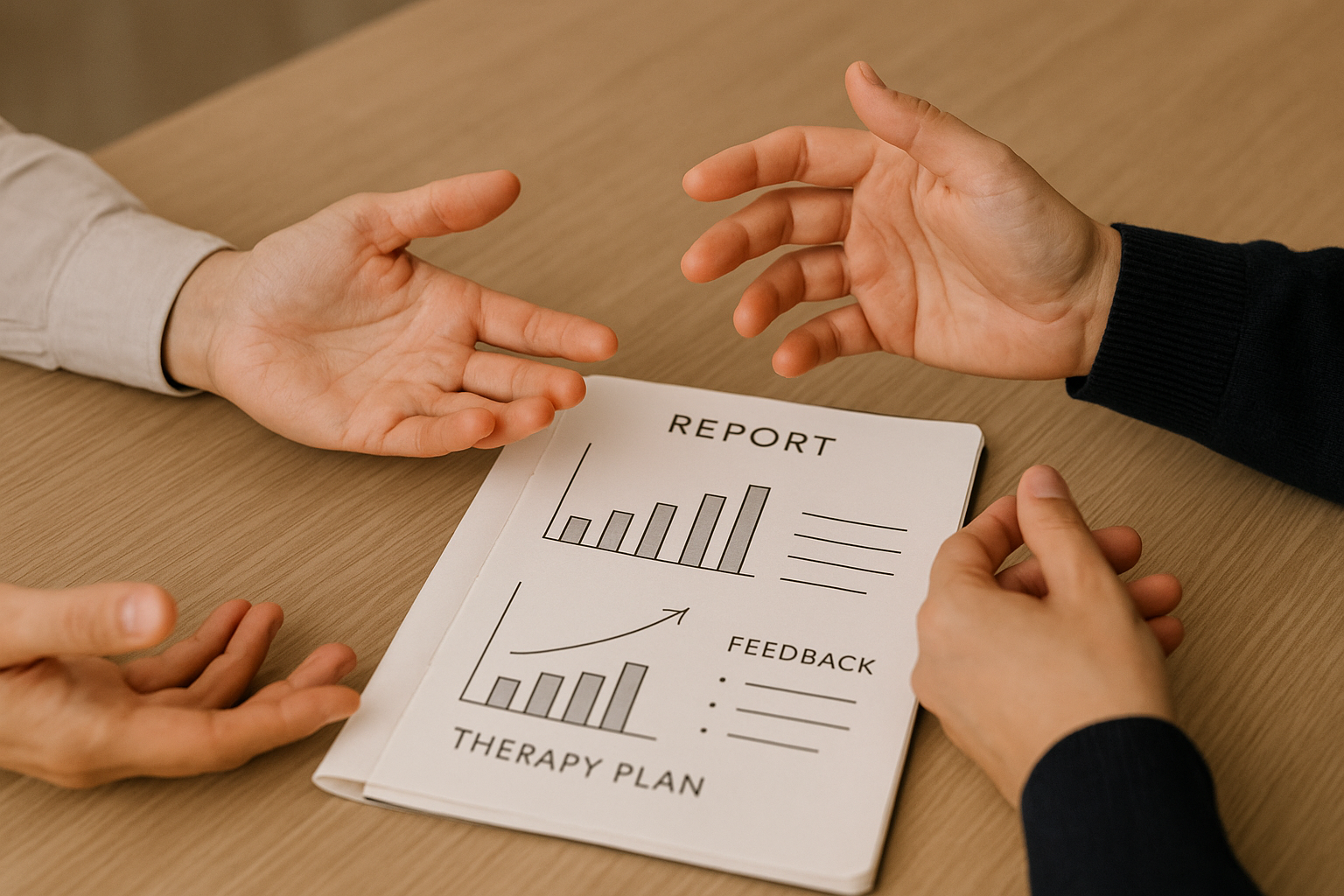 An image showing a closeup of hands gesturing over a neat simple report or notebook symbolizing planning and collaboration It needs to fit with the following After the assessment I will provide you with a straightforward written report and well have-1